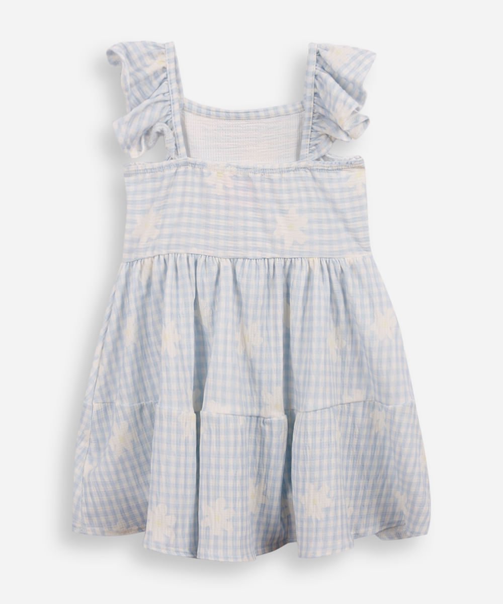 vestido infantil texturizado com babado xadrez azul