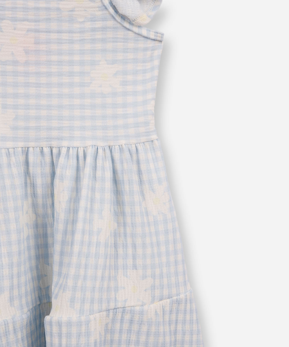 vestido infantil texturizado com babado xadrez azul