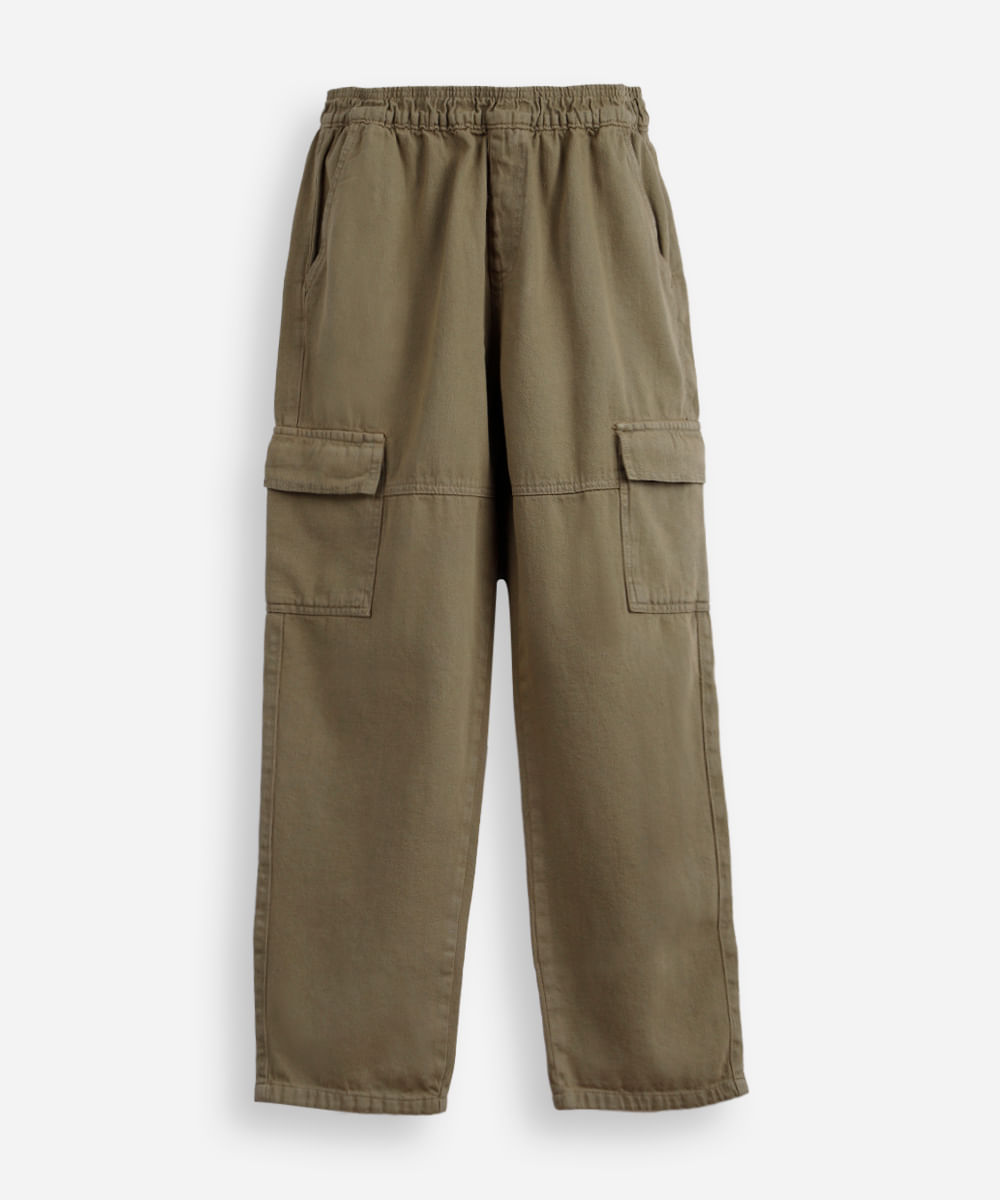 calça cargo reta juvenil de sarja cós elástico verde