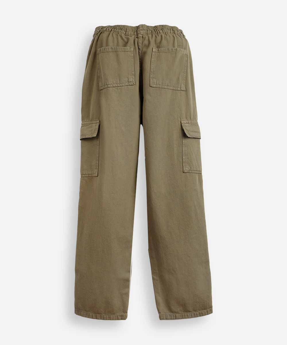 calça cargo reta juvenil de sarja cós elástico verde