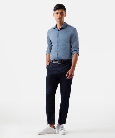 calça slim masculina de alfaiataria cós elástico azul