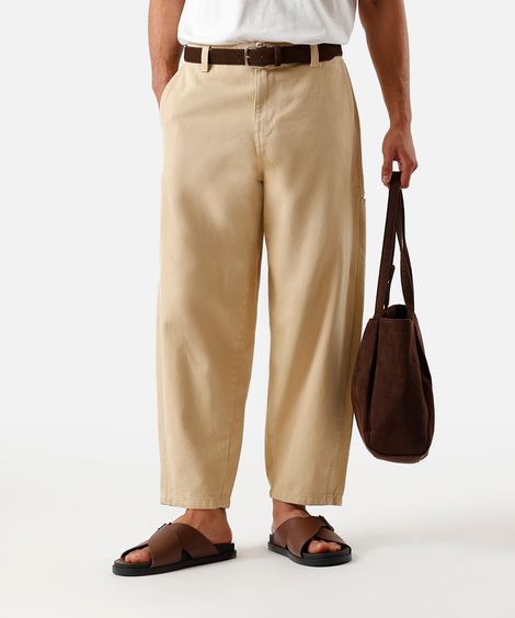 calça barrel masculina de sarja cós elástico bege