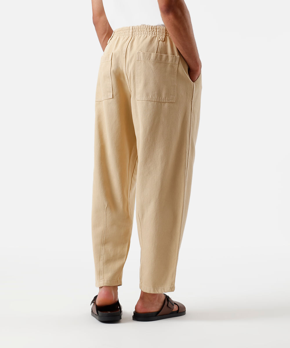 calça barrel masculina de sarja cós elástico bege