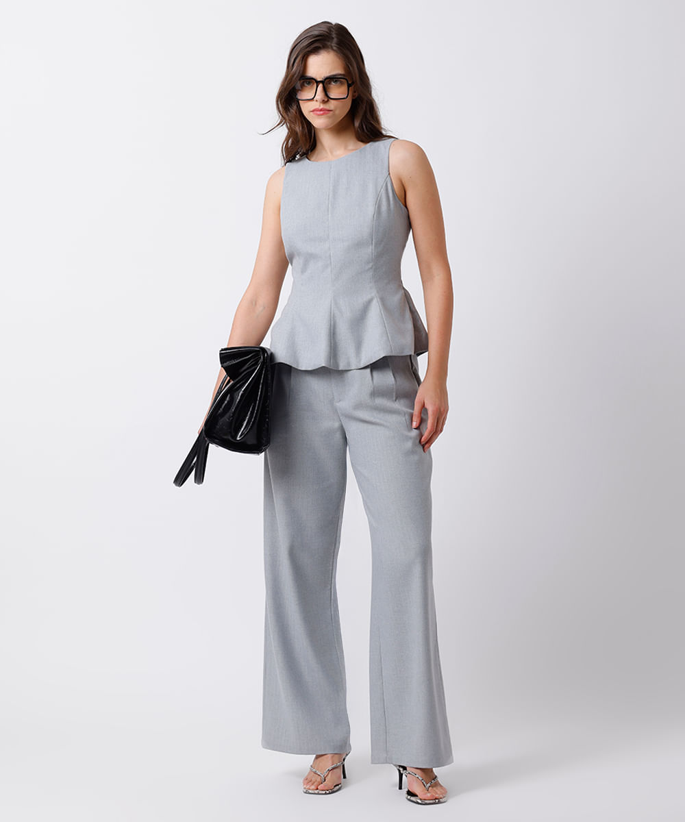 blusa peplum feminina com amarração texturizada mindset cinza