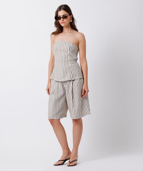 bermuda reta feminina de alfaiataria com linho e pregas listrada mindset off white