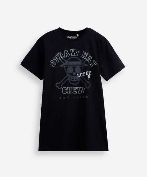 camiseta juvenil de algodão manga curta one piece preta
