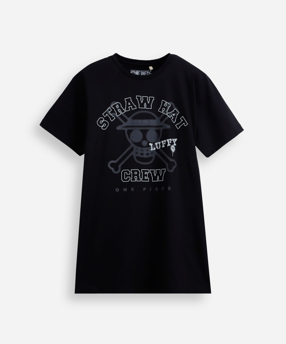 camiseta juvenil de algodão manga curta one piece preta