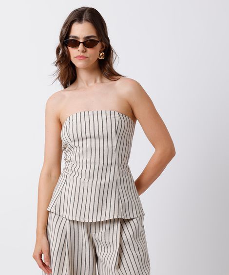blusa peplum feminina com linho sem alça listrada mindset off white