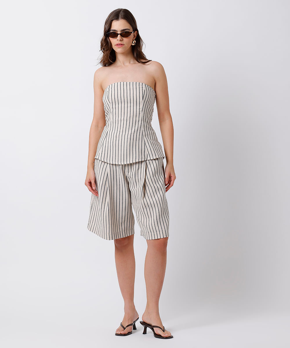 blusa peplum feminina com linho sem alça listrada mindset off white