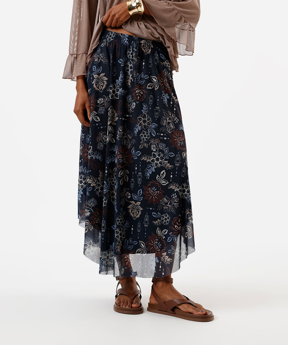 saia midi feminina de tule cós elástico floral azul
