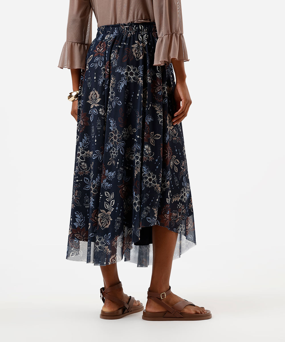 saia midi feminina de tule cós elástico floral azul