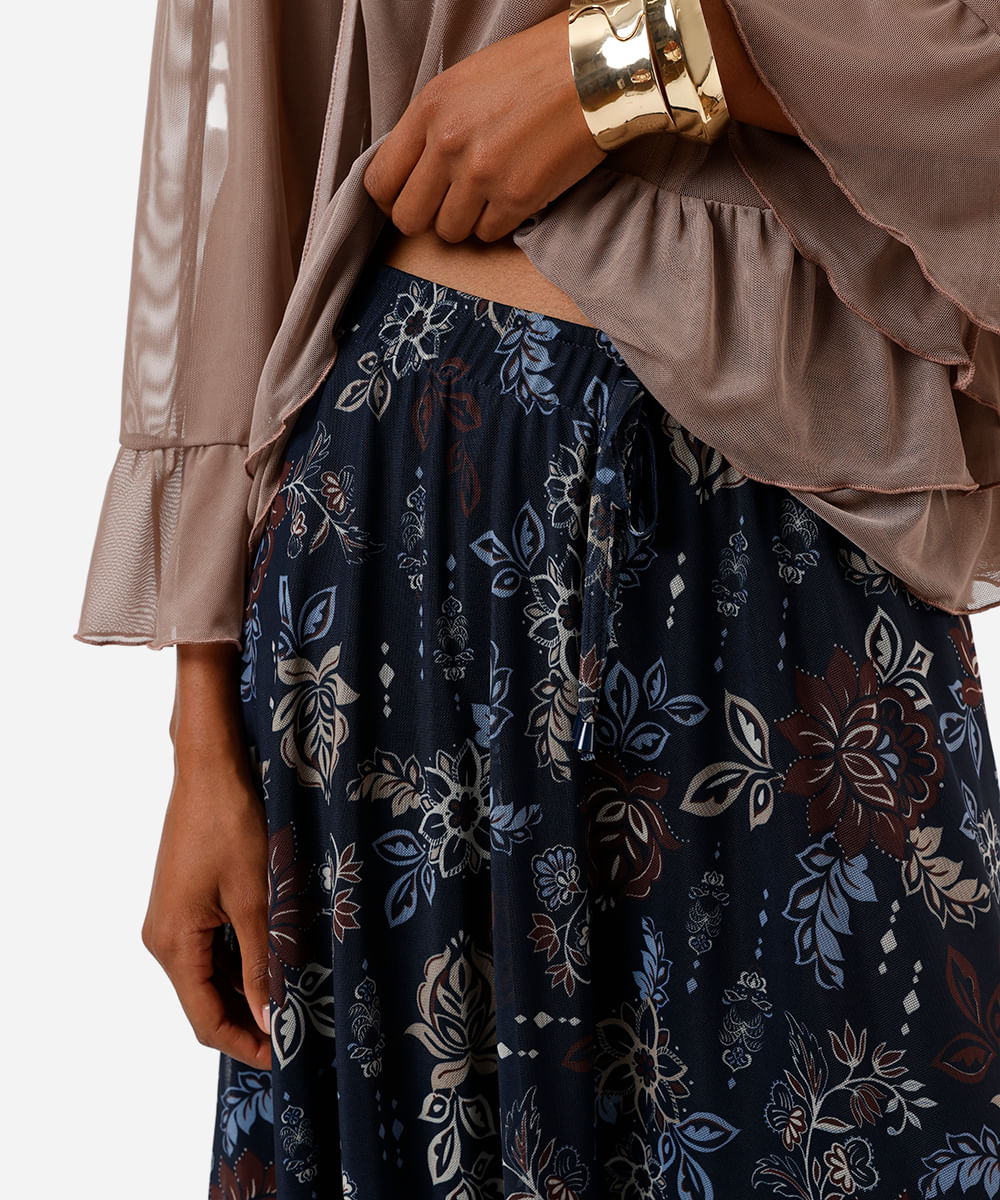 saia midi feminina de tule cós elástico floral azul