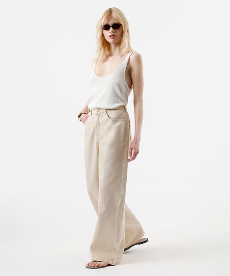 calça wide leg feminina de sarja cintura ajustável bege