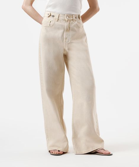 calça wide leg feminina de sarja cintura ajustável bege