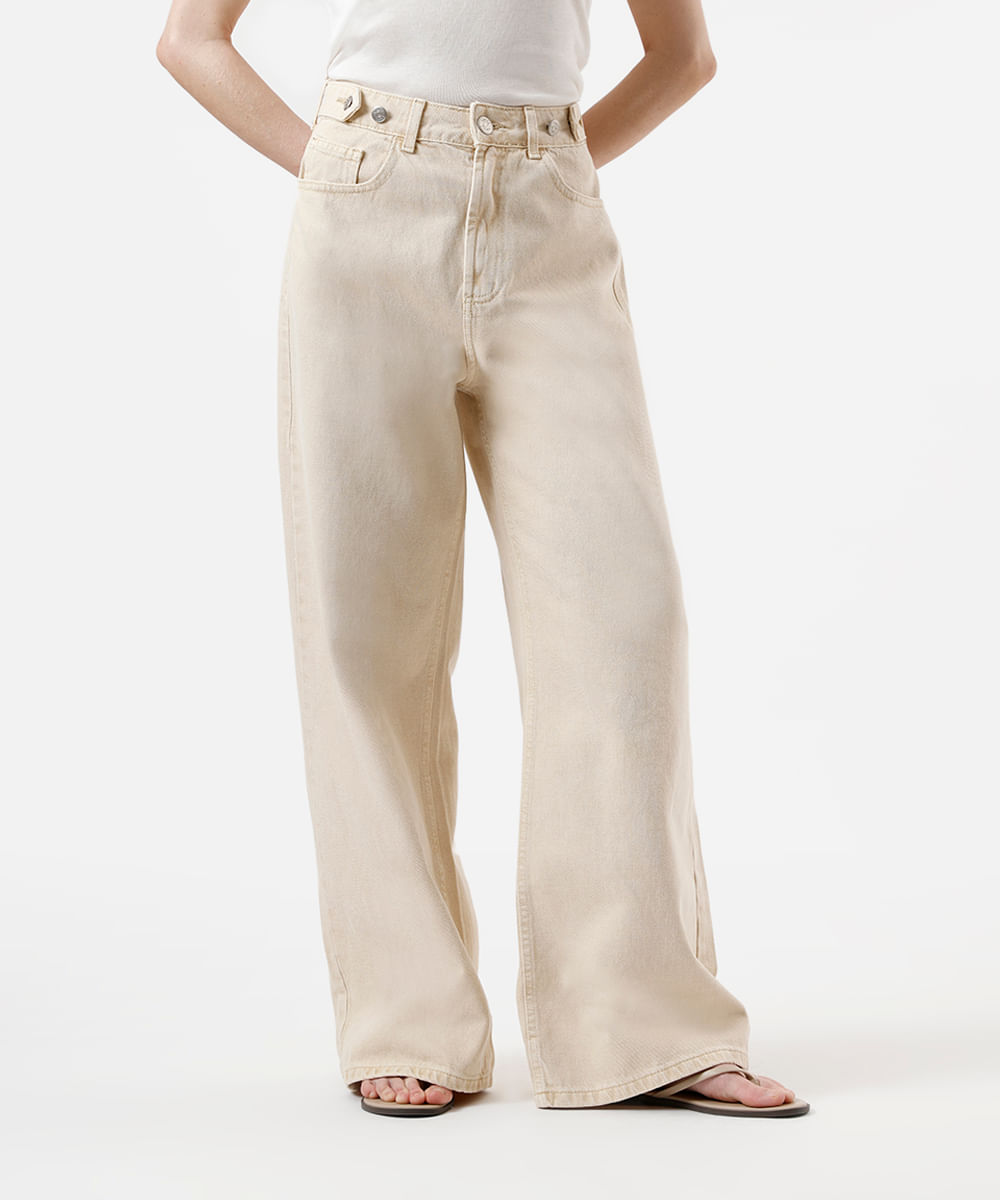calça wide leg feminina de sarja cintura ajustável bege