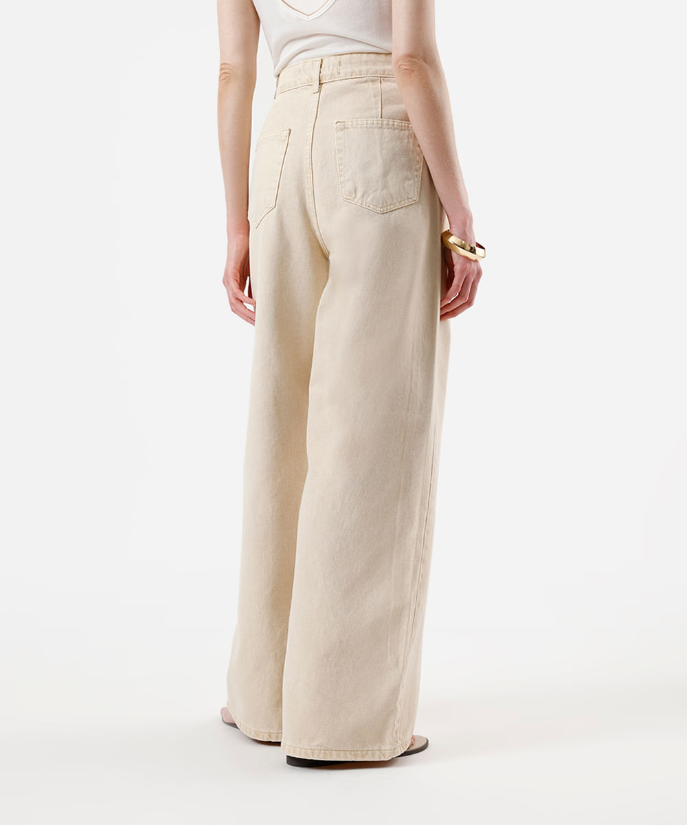 calça wide leg feminina de sarja cintura ajustável bege