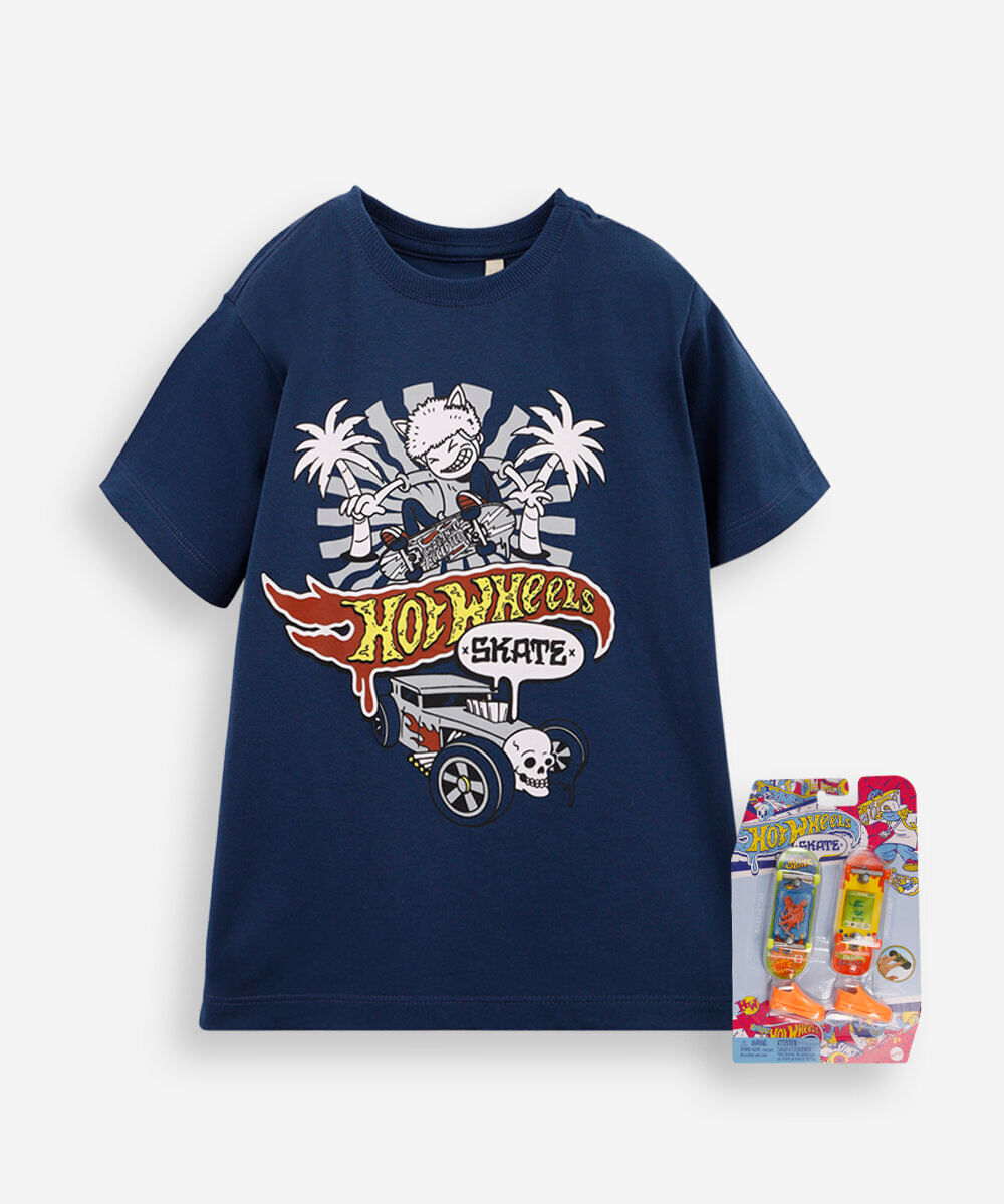 camiseta infantil de algodão hot wheels com brinde azul