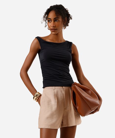 short de alfaiataria feminino em viscose texturizado bege