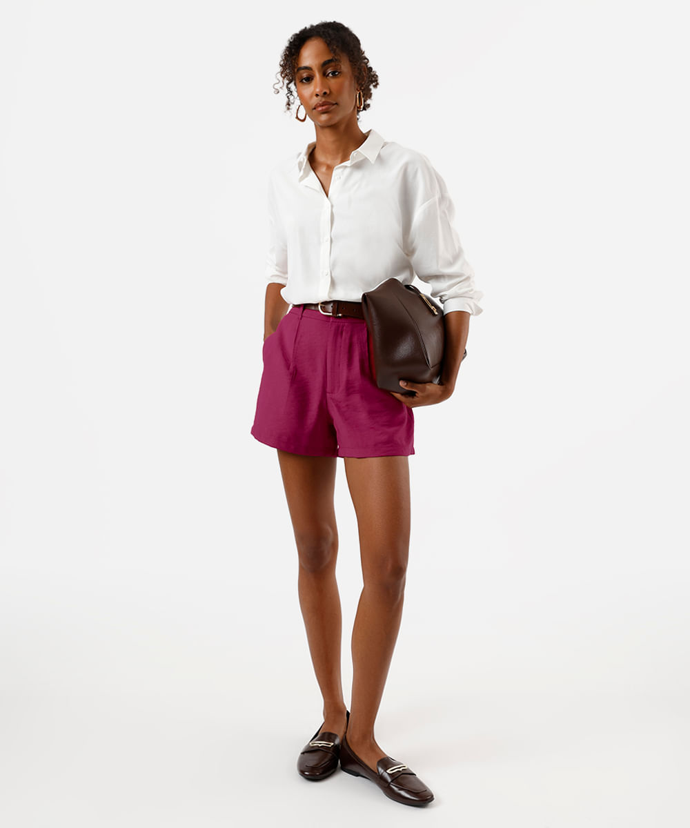 short de alfaiataria feminino em viscose texturizado rosa