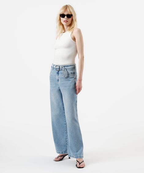calça wide leg feminina jeans cintura média com cinto azul