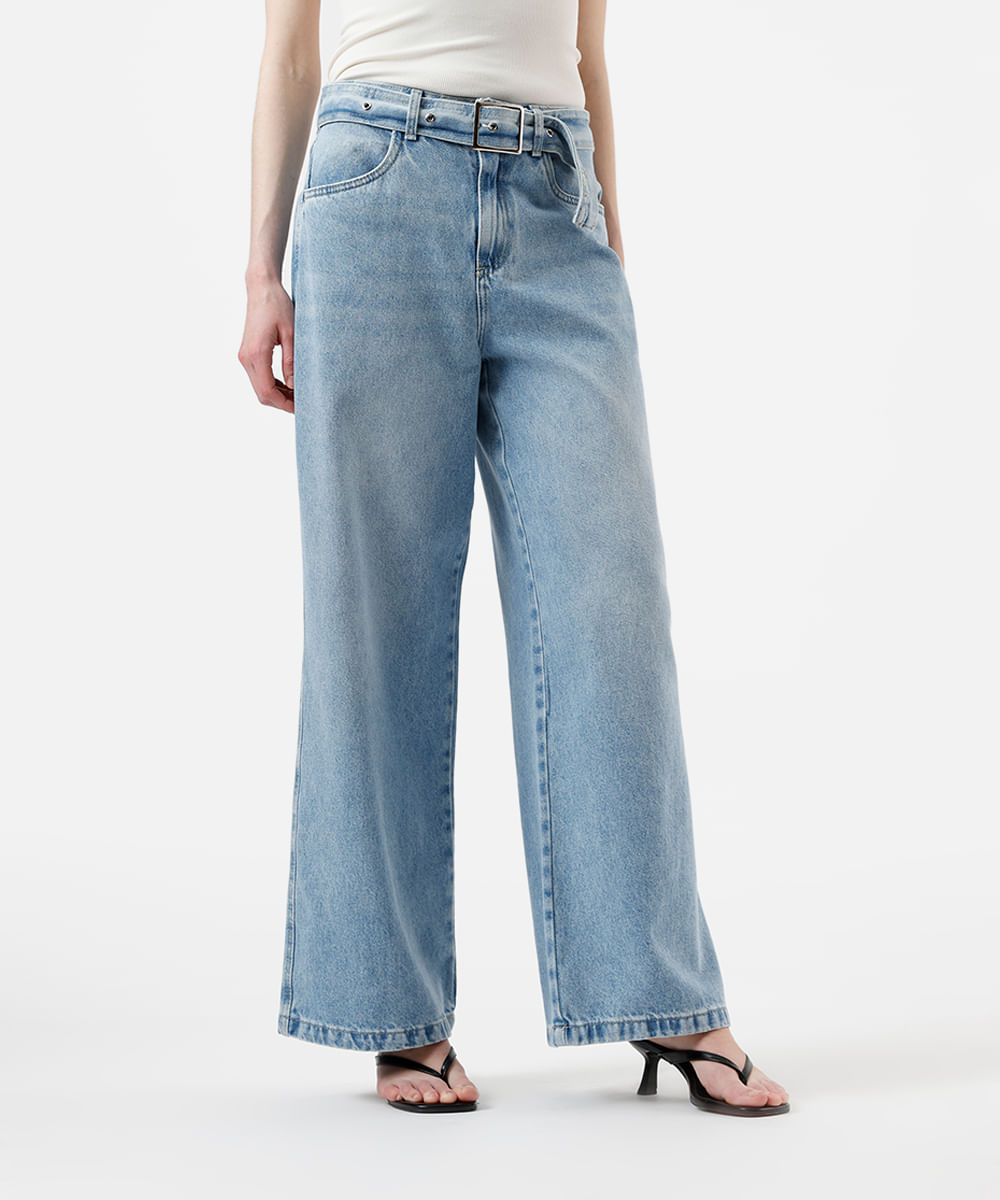 calça wide leg feminina jeans cintura média com cinto azul