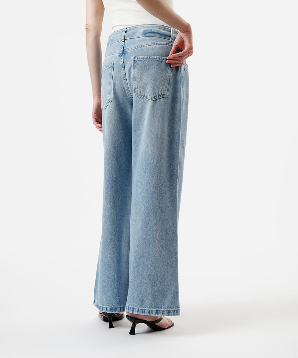 calça wide leg feminina jeans cintura média com cinto azul