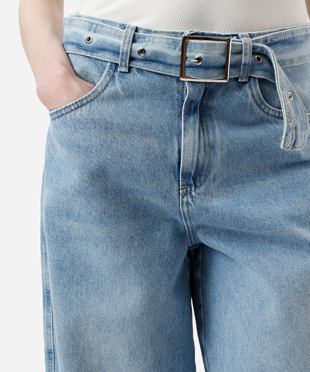 calça wide leg feminina jeans cintura média com cinto azul