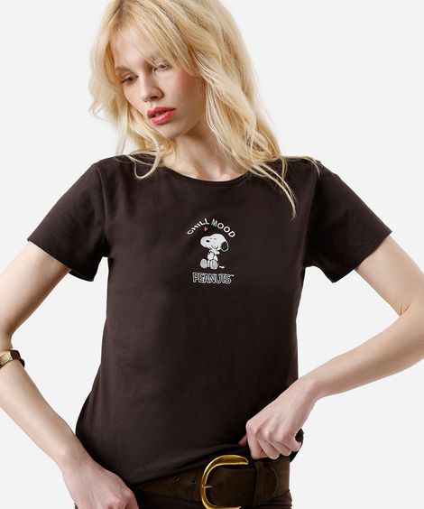 camiseta feminina de algodão minimal snoopy marrom