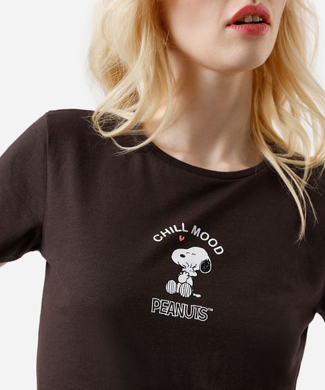 camiseta feminina de algodão minimal snoopy marrom