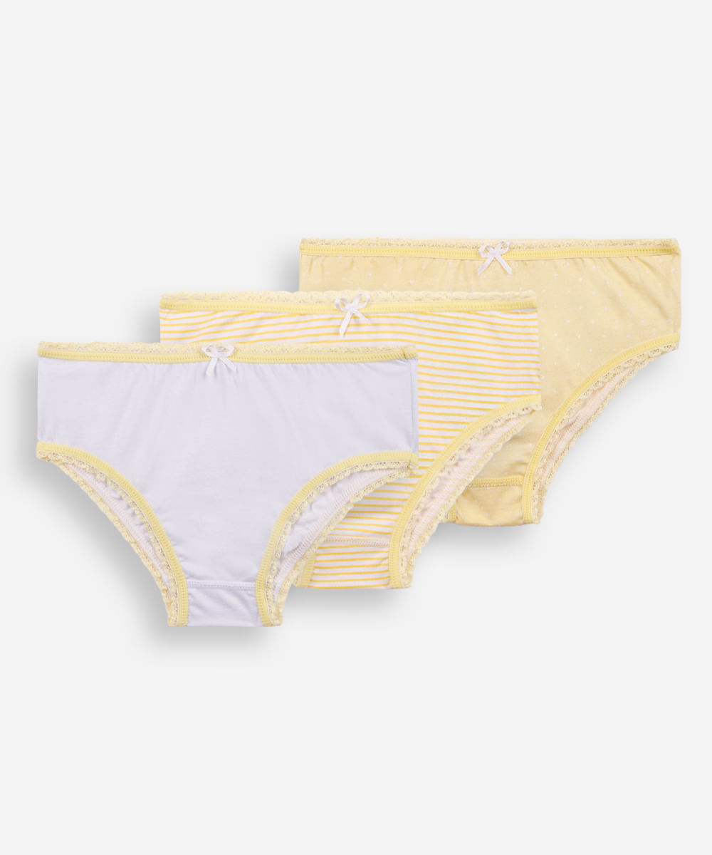 kit de 3 calcinhas infantis de algodão com renda lupo amarela