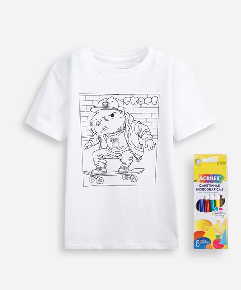 camiseta infantil de algodão capygoods com brinde canetinhas laváveis off white