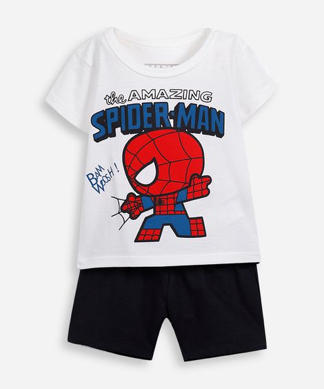 conjunto curto infantil de algodão homem aranha off white