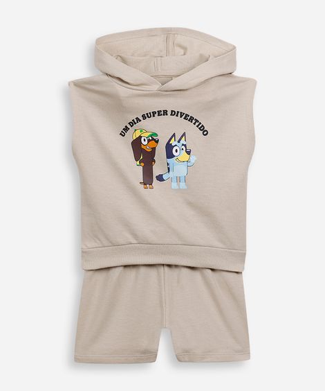 conjunto curto infantil de moletinho com capuz bluey bege