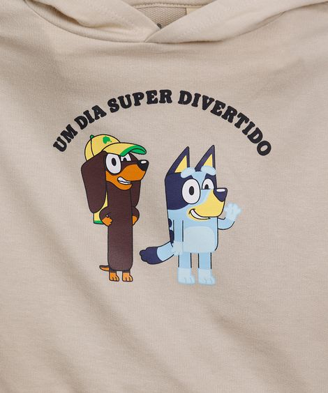 conjunto curto infantil de moletinho com capuz bluey bege