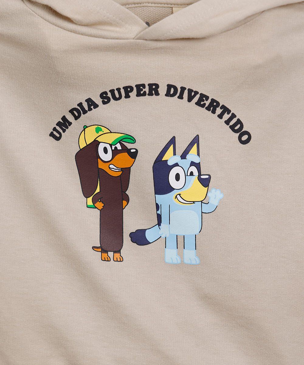 conjunto curto infantil de moletinho com capuz bluey bege