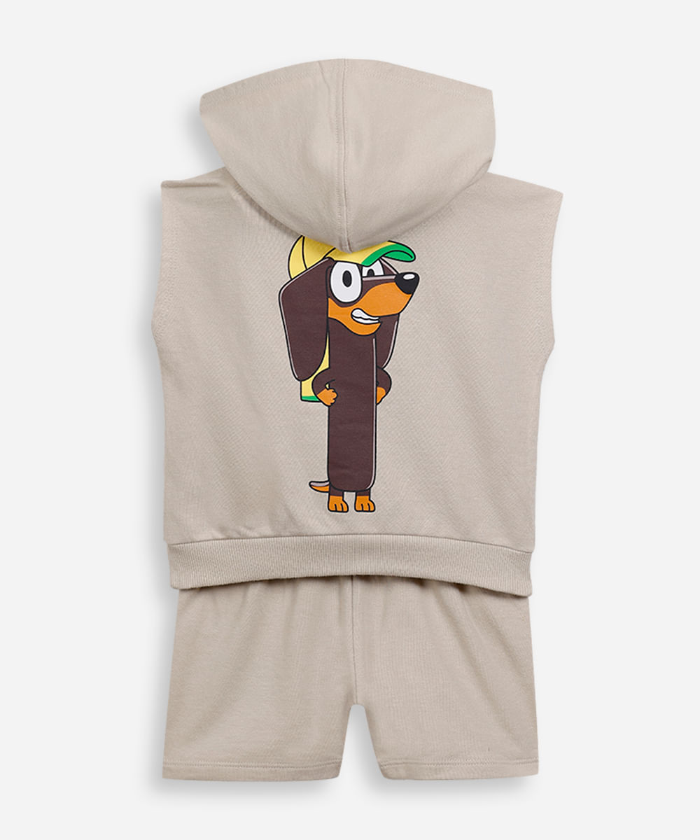 conjunto curto infantil de moletinho com capuz bluey bege