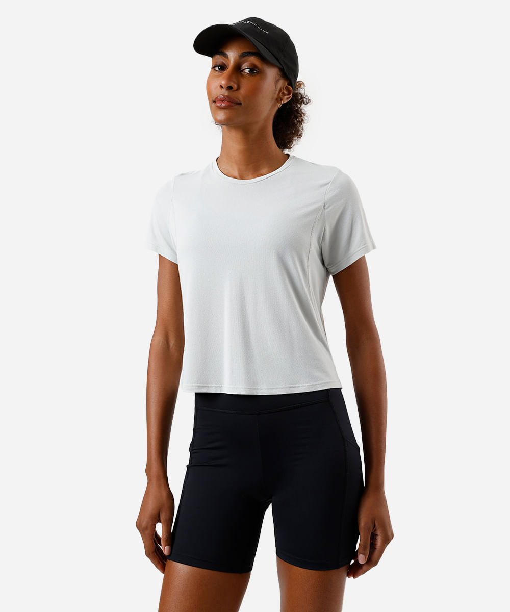 camiseta cropped feminina esportiva com recorte cinza