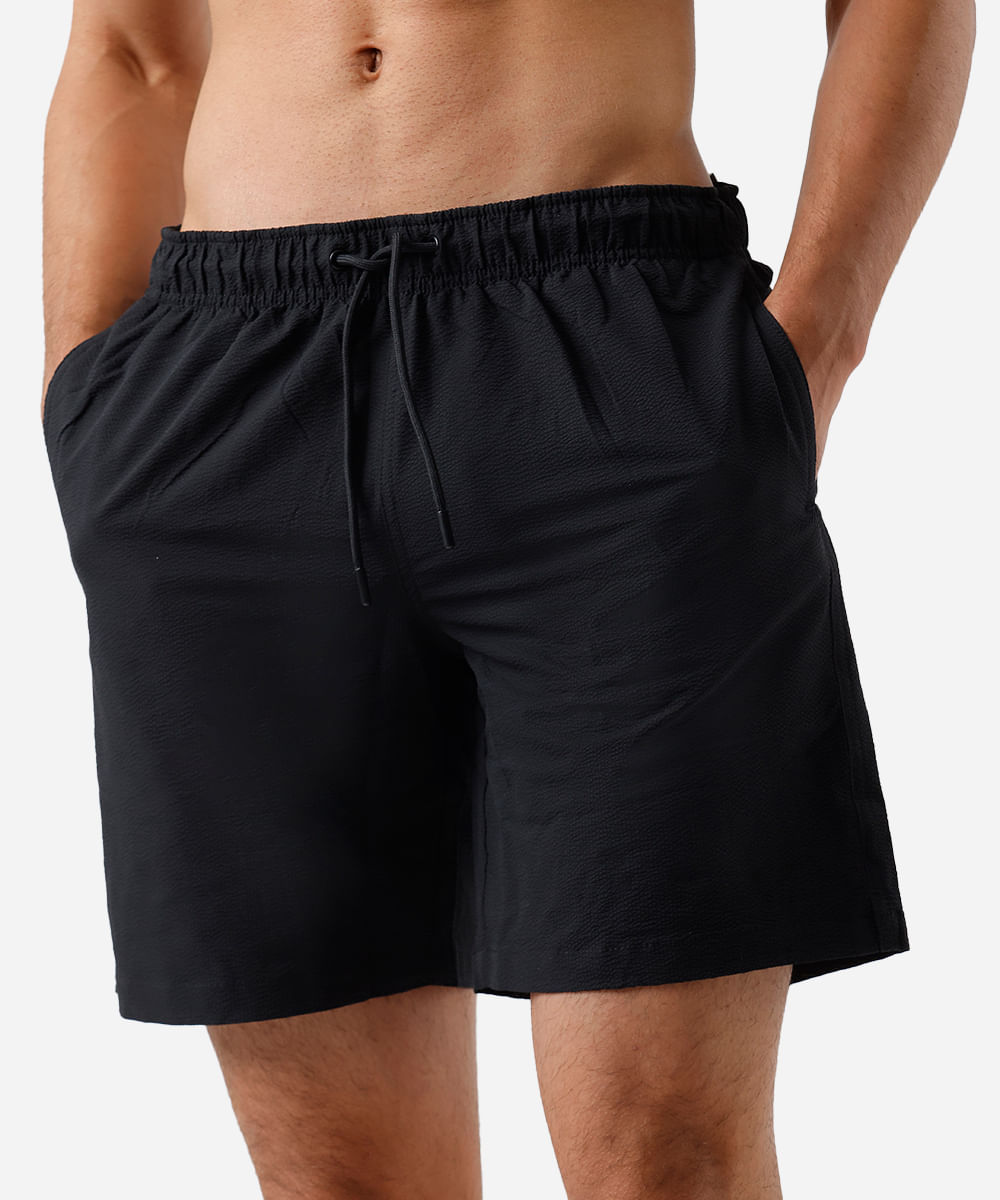short masculino cós elástico texturizado preto