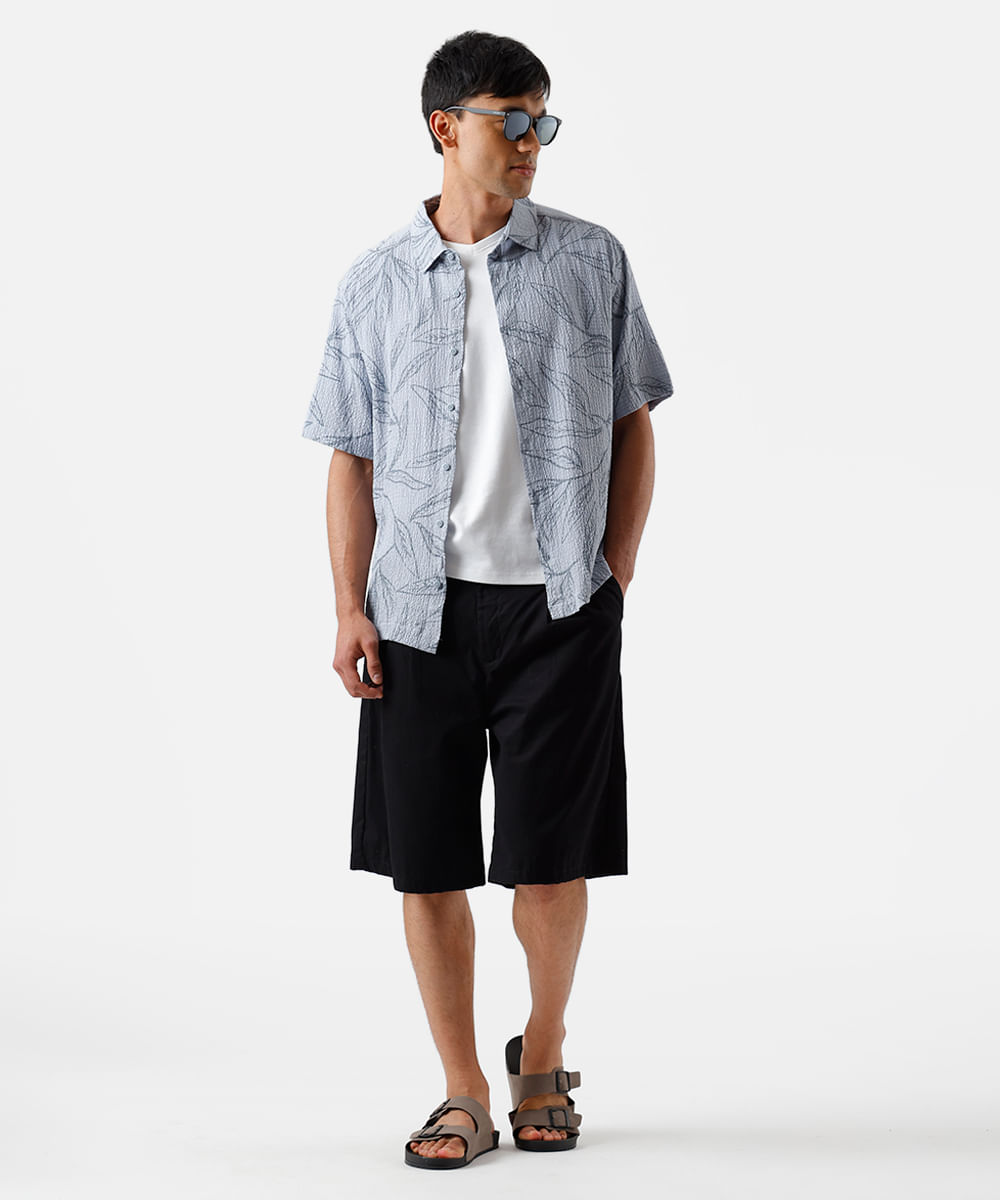 camisa masculina manga curta folhagens texturizada azul