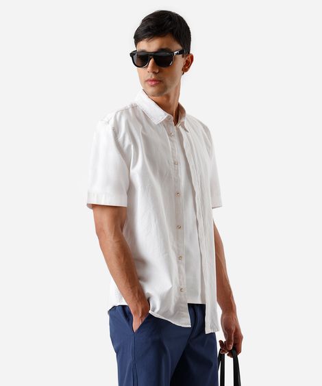 camisa comfort masculina com linho manga curta branca
