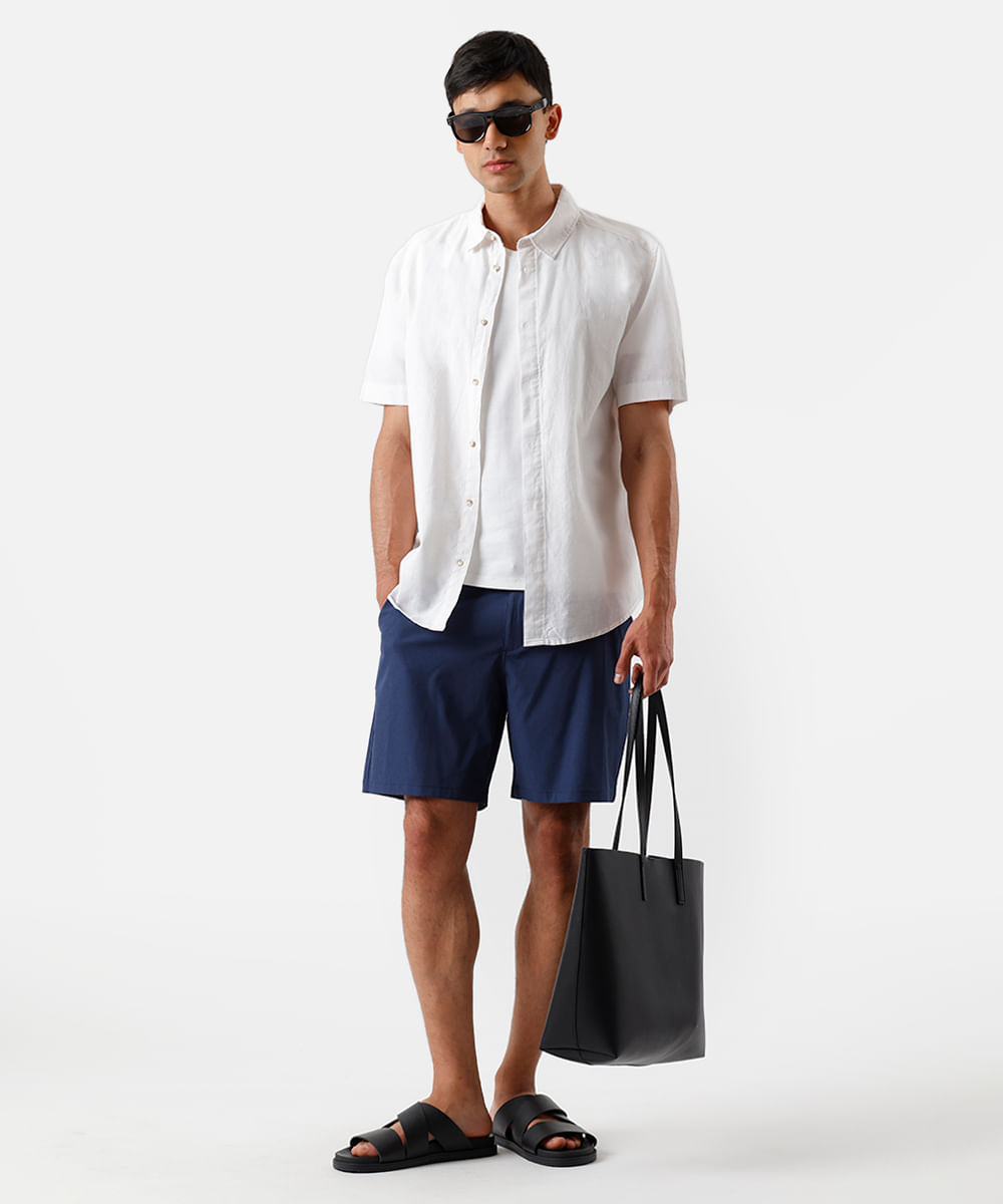 camisa comfort masculina com linho manga curta branca