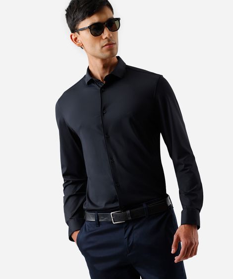 camisa slim fit masculina de poliamida manga longa preta