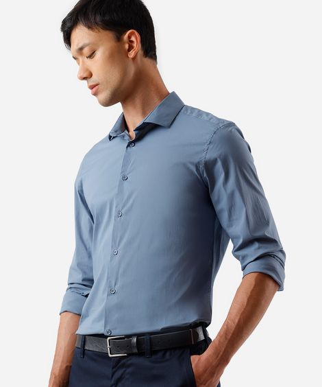 camisa slim fit de algodão manga longa azul