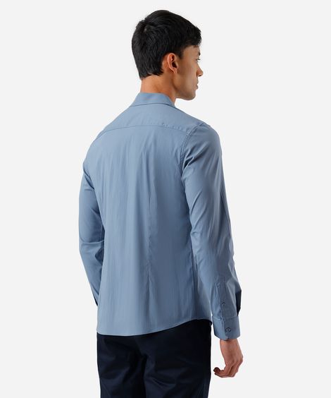 camisa slim fit de algodão manga longa azul