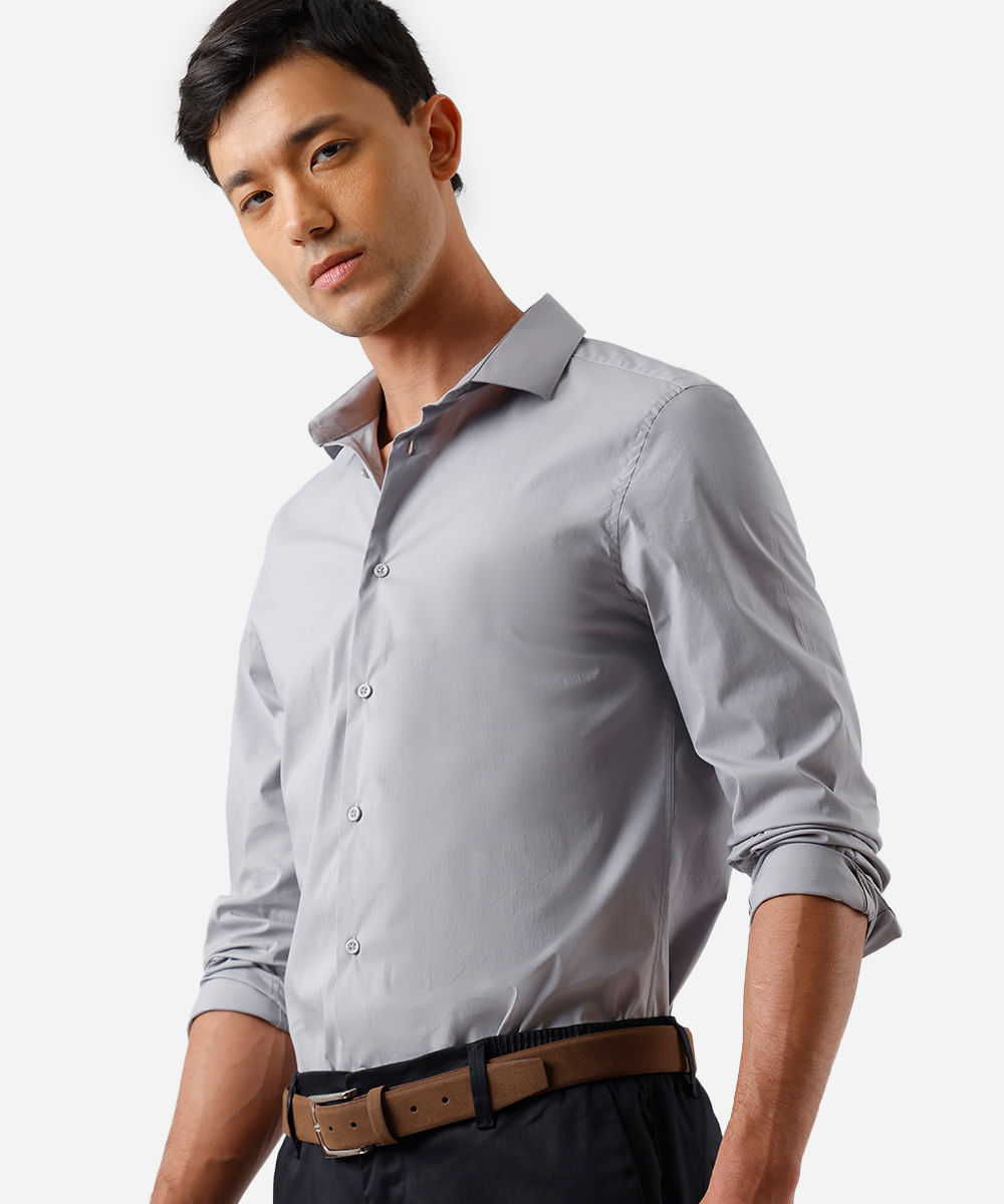 camisa slim fit de algodão manga longa cinza