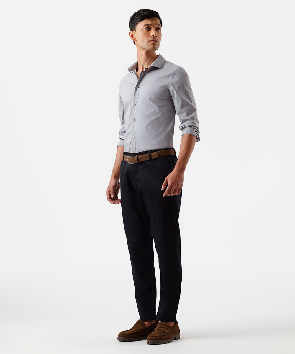camisa slim fit de algodão manga longa cinza
