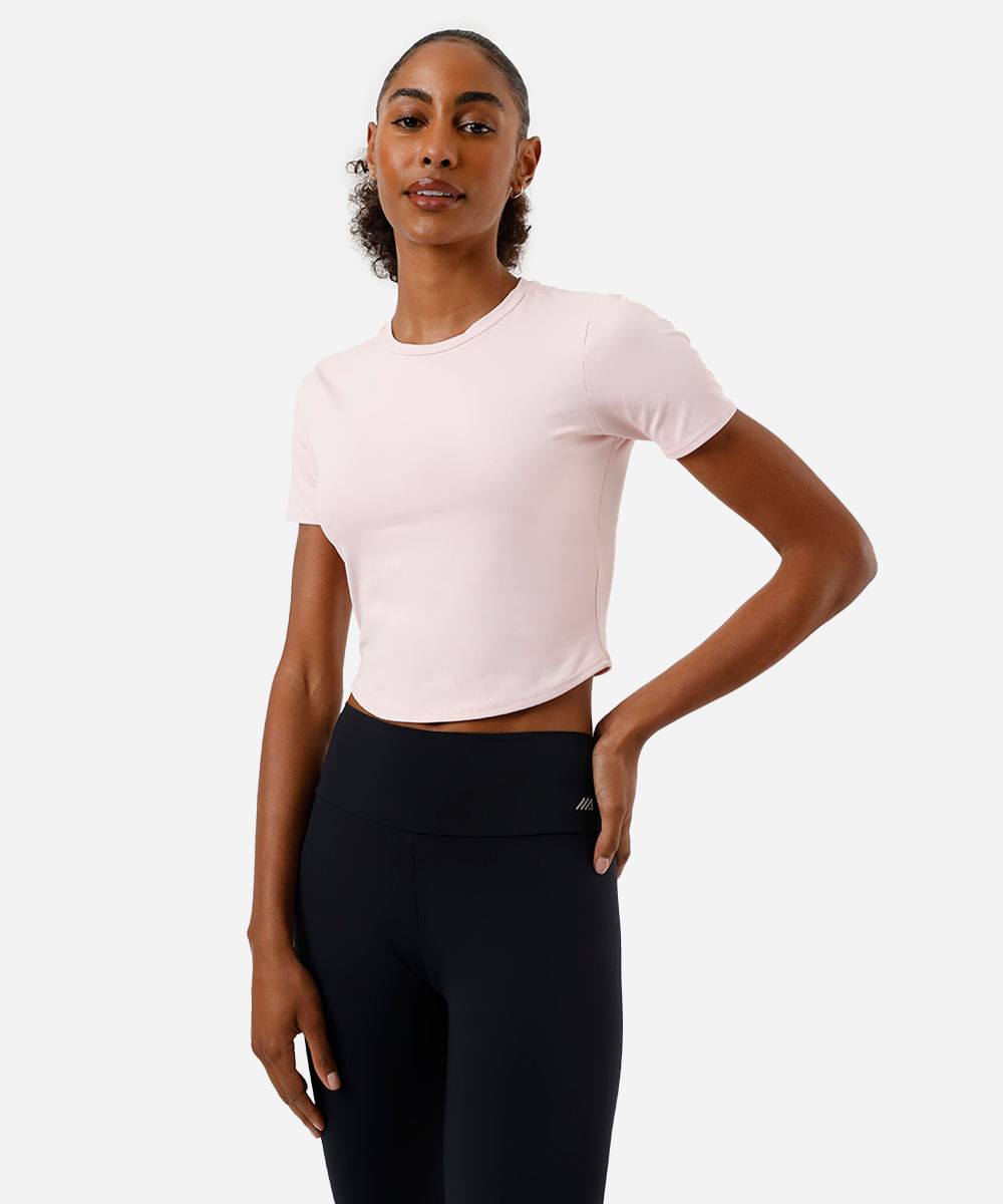 cropped feminino esportivo manga curta - rosa claro