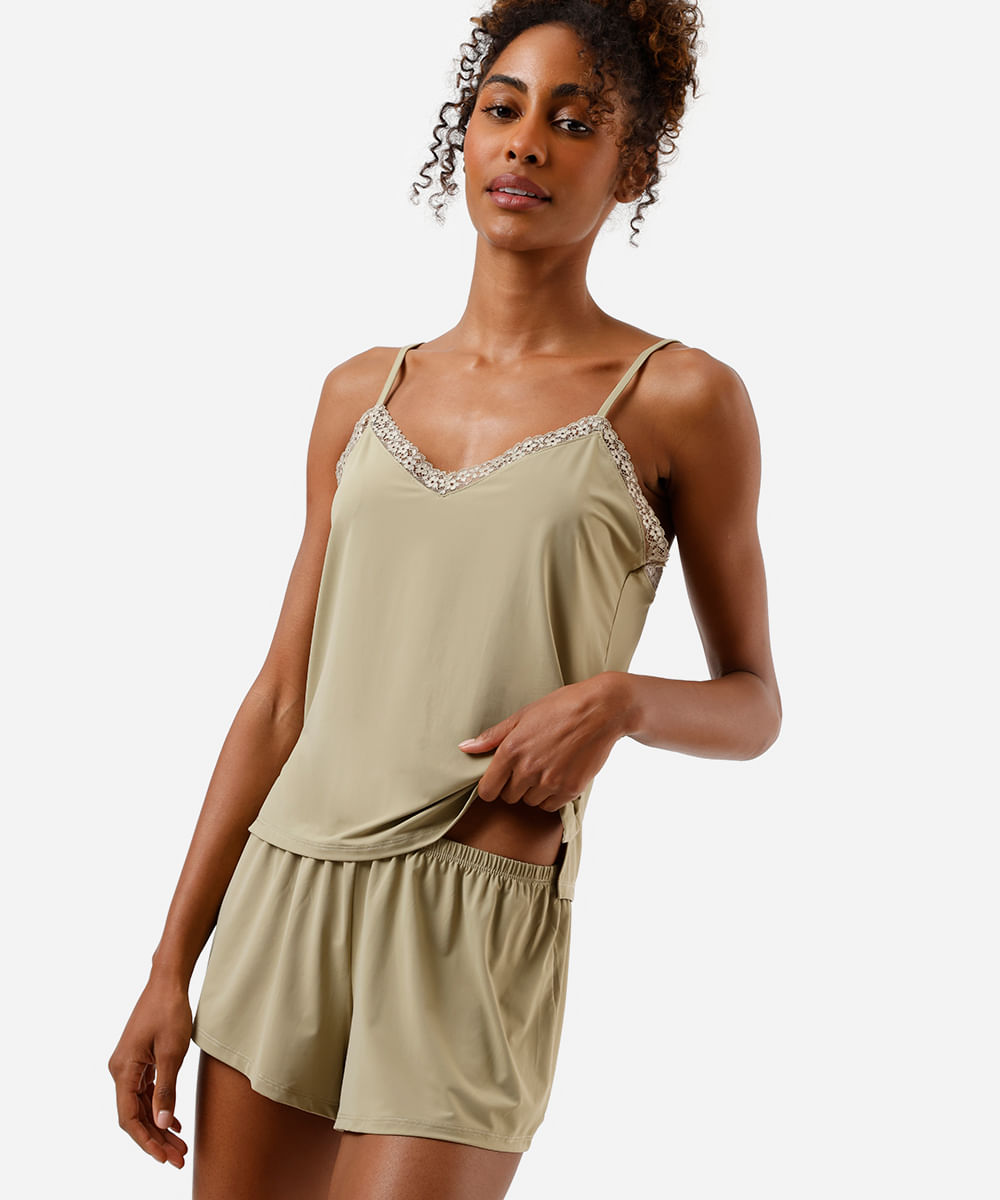 pijama short doll feminino alça fina com renda verde