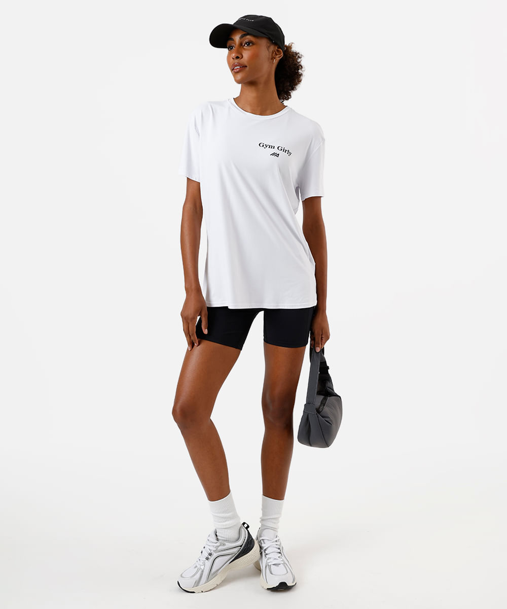 camiseta esportiva feminina de poliamida estampa oversized - branco