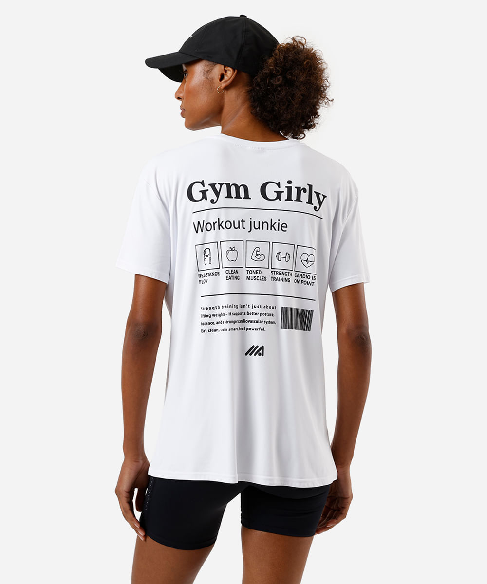 camiseta esportiva feminina de poliamida estampa oversized - branco